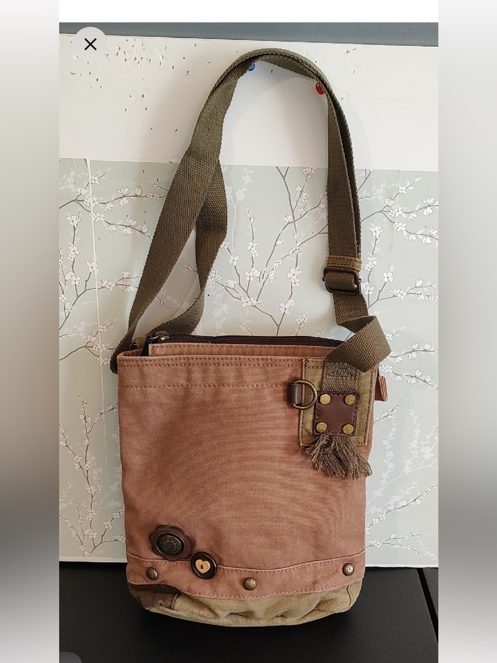 VTG Chala tan Crossbody with leather  Strap and Tassel Accent